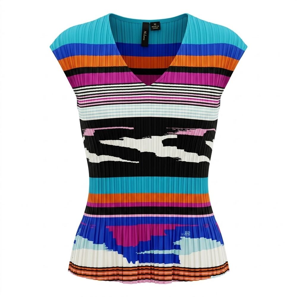 Milano Multicolor Pleated Knit V-Neck Sleeveless Top Women Size M
